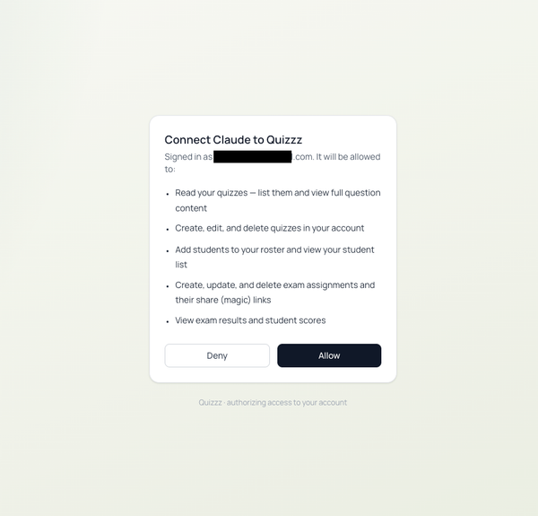 Quizzz consent screen listing the permissions the agent requests
