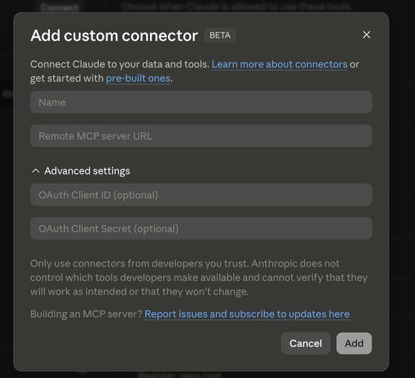 Claude Connectors page with Add custom connector